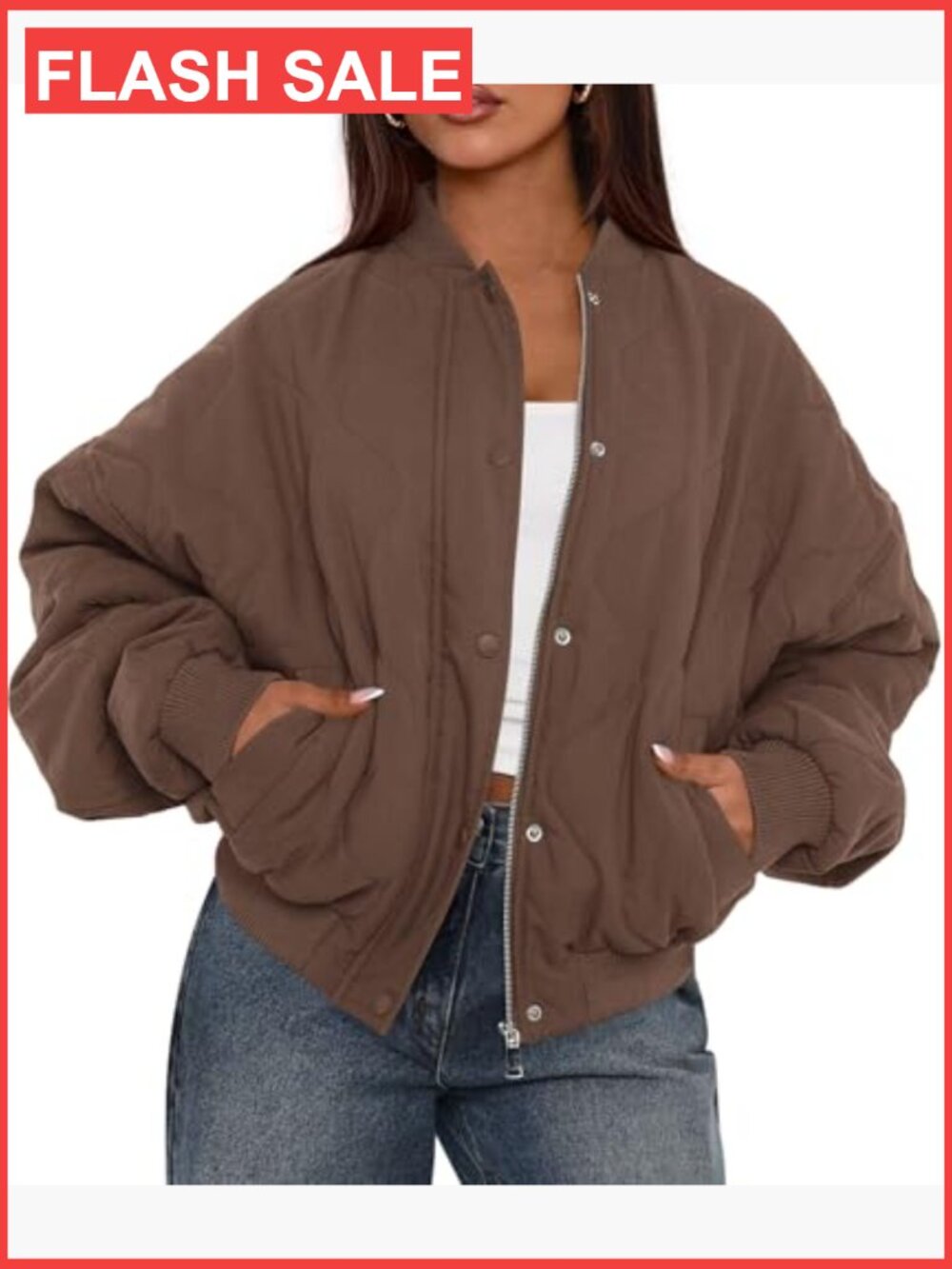 Quilted Bomber Jacket Lightweight Cropped Zip Up Puffer Coat with Pockets - Picture 2 of 7